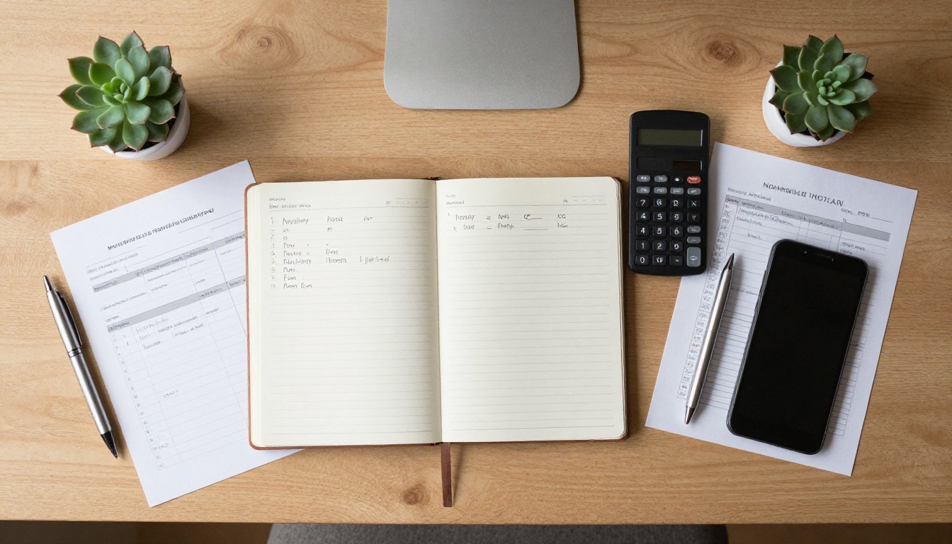 A flat lay of a budget notebook, calculator and invoices on a wooden desk