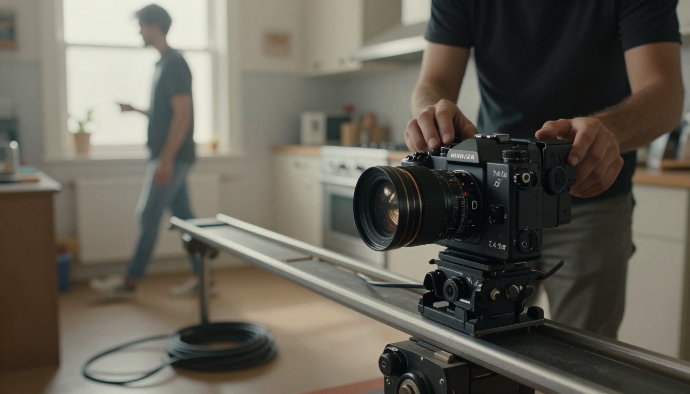 A low-angle view of a cinema camera on a slider rail on a small film set