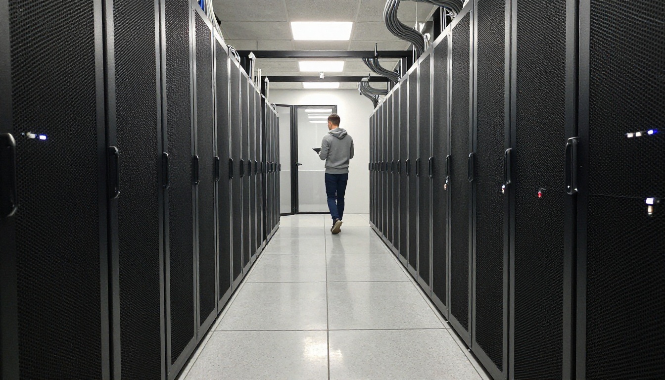 A quiet data centre aisle lined with closed server racks