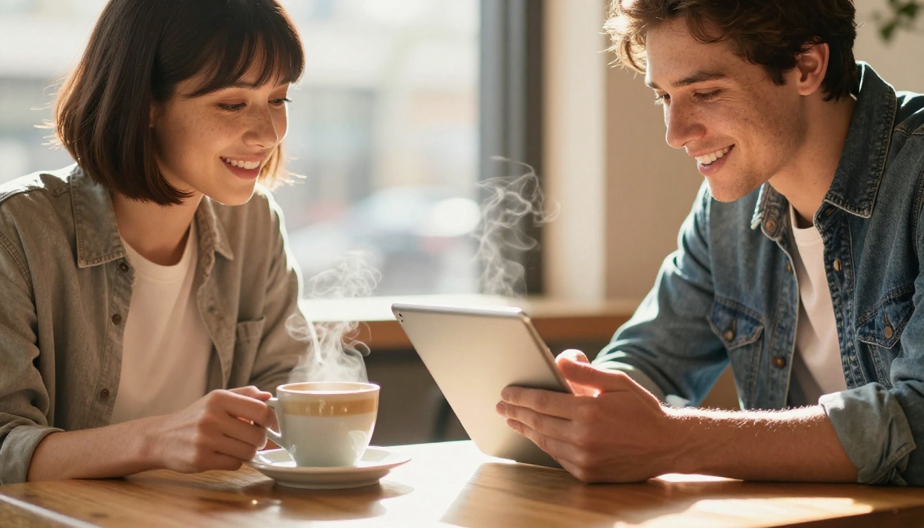 Two friends comparing prices on a tablet in a bright cafe