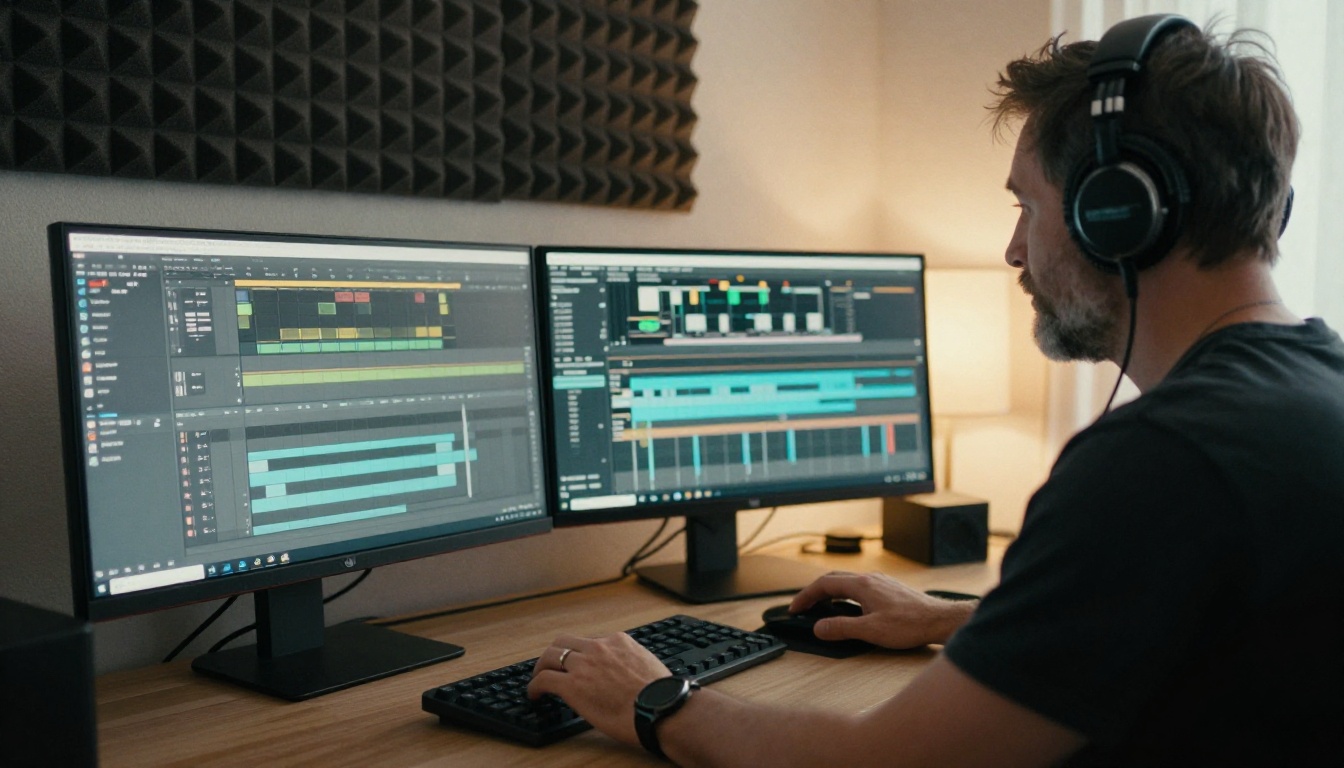 A video editor at a dual-monitor editing desk wearing headphones