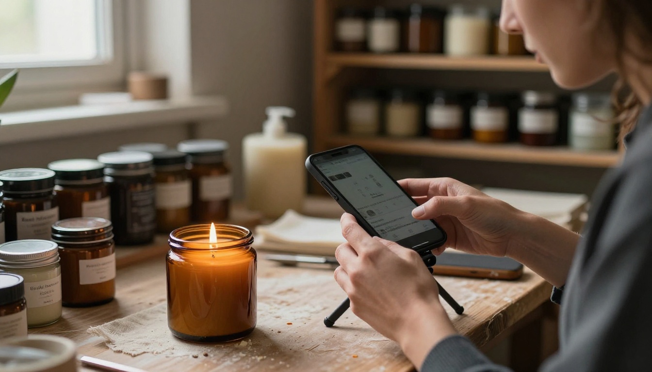 A candle maker filming her handmade product with a phone on a mini tripod