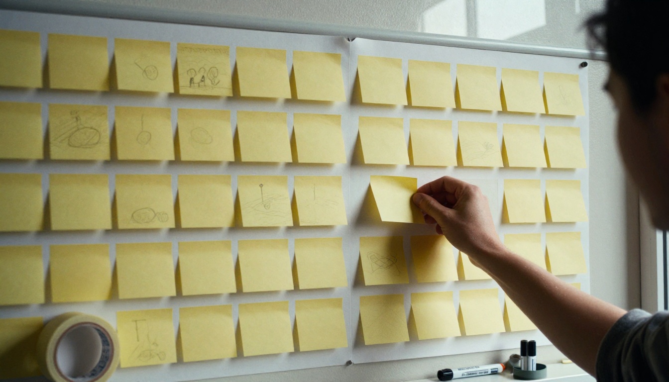 A storyboard wall of printed frames and sticky notes