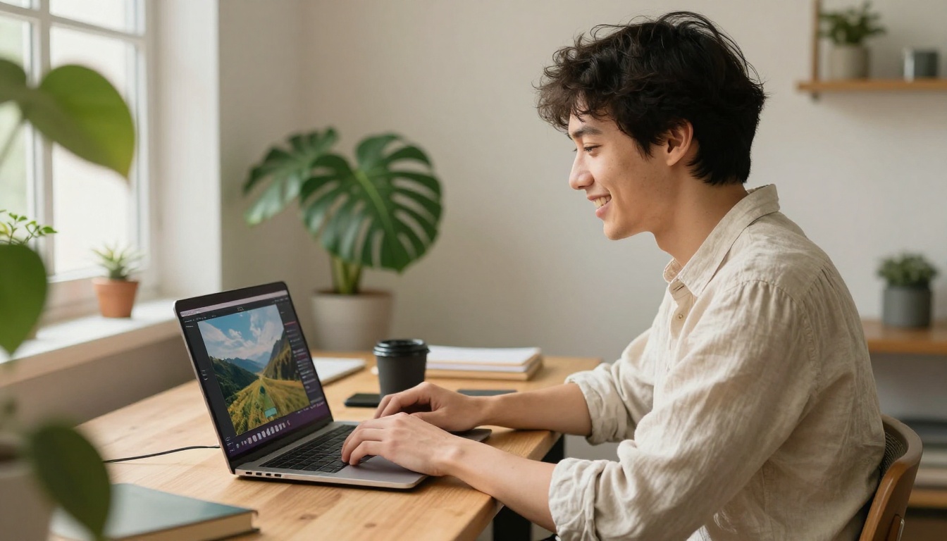 A young creator smiling at a laptop showing a finished landscape video frame in a bright home studio