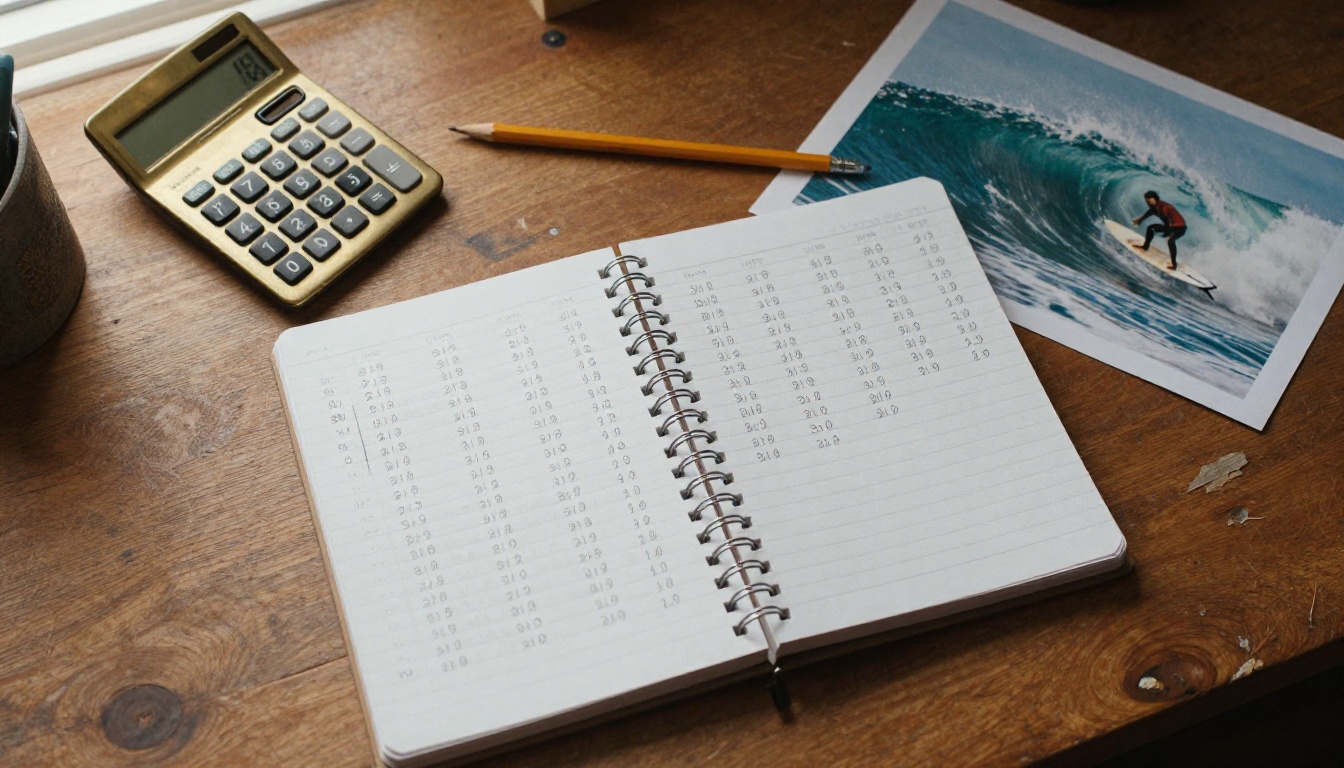 Notebook with handwritten cost columns beside a brass calculator and a printed surf photo