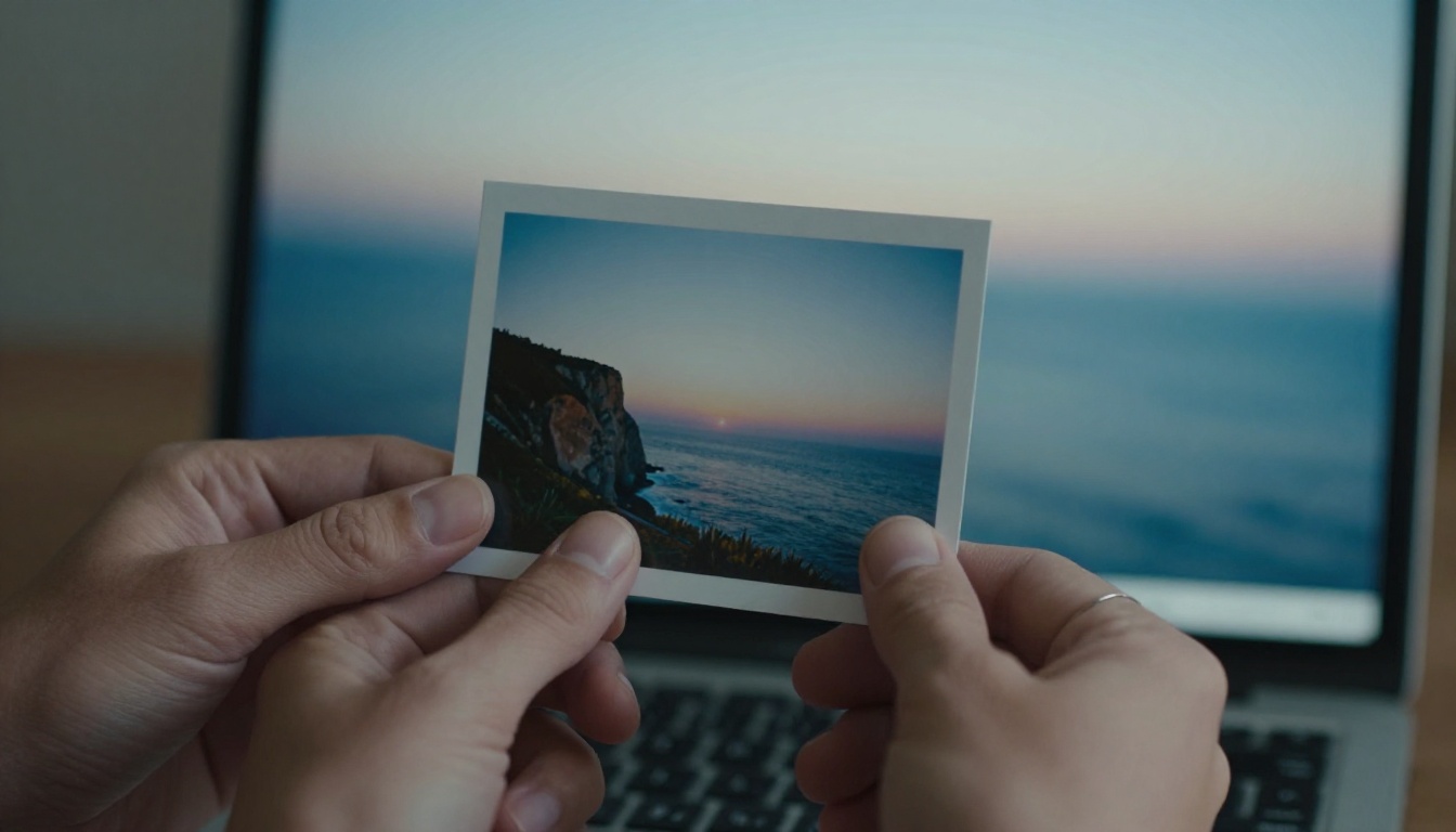Hands holding a printed coastal cliff photograph in front of a laptop showing the same scene