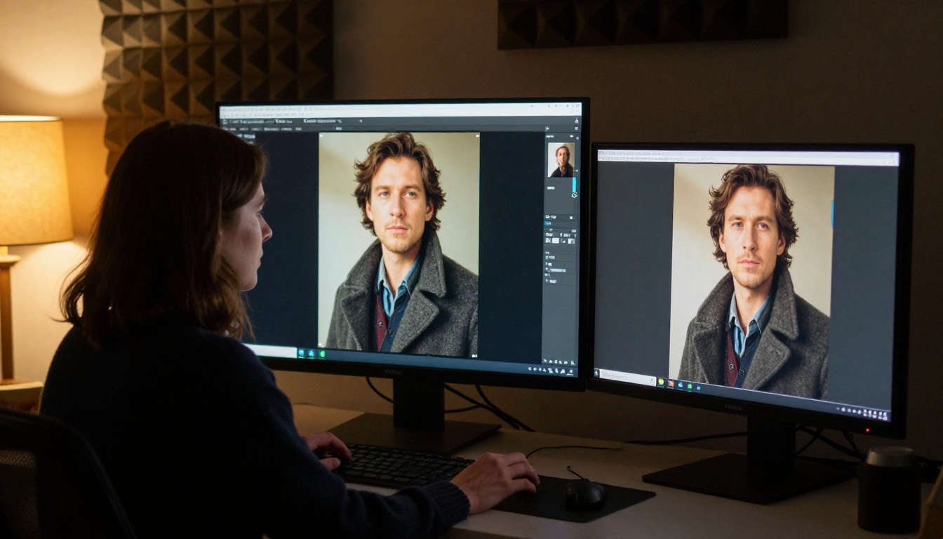 Colorist studying a sharp portrait on a large monitor beside a softer smaller monitor