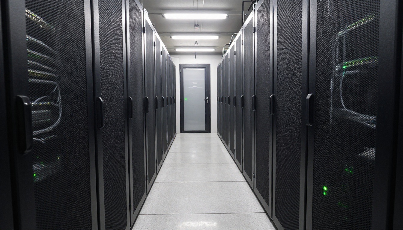 Low-angle view down a long aisle of server racks in a data center