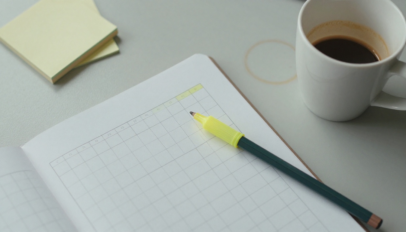 Clipboard with a printed grid, highlighter and coffee ring on a grey desk