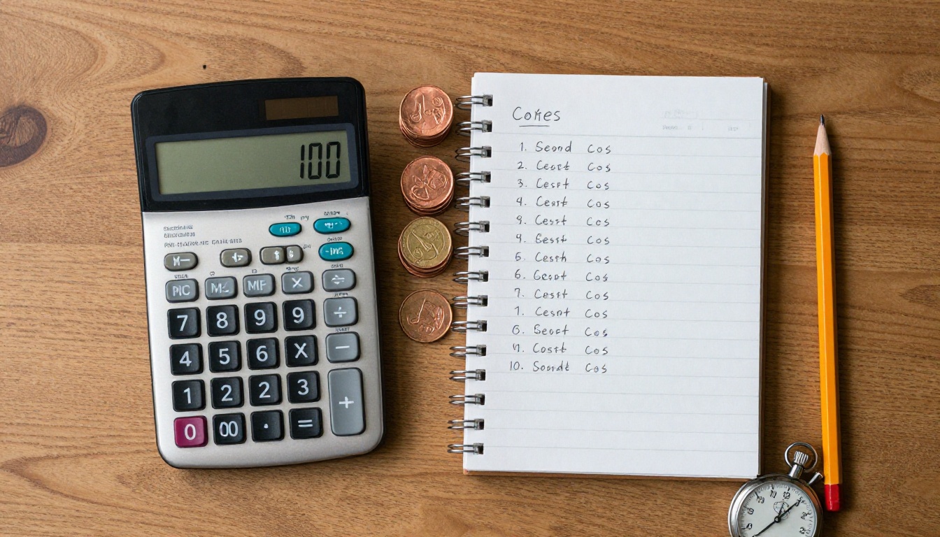 Top-down view of a calculator, cost notes, coins and a stopwatch on a wooden desk