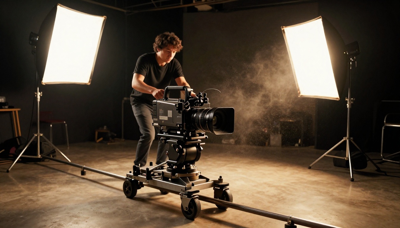 Low-angle view of a cinema camera on a dolly track in a quiet soundstage
