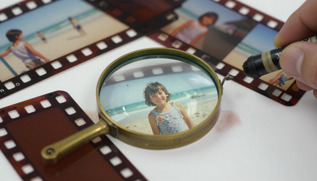 Film negatives on a light table with a loupe and a wax pencil circle around one frame