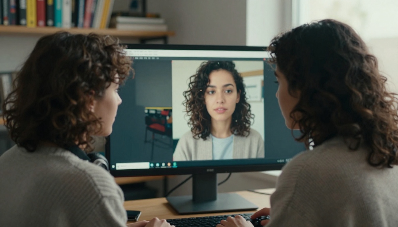 Over-the-shoulder view of a creator reviewing short video clips on a large monitor