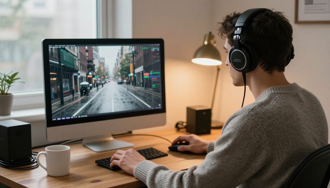 Sound editor in large headphones watching a paused rainy street frame on a monitor