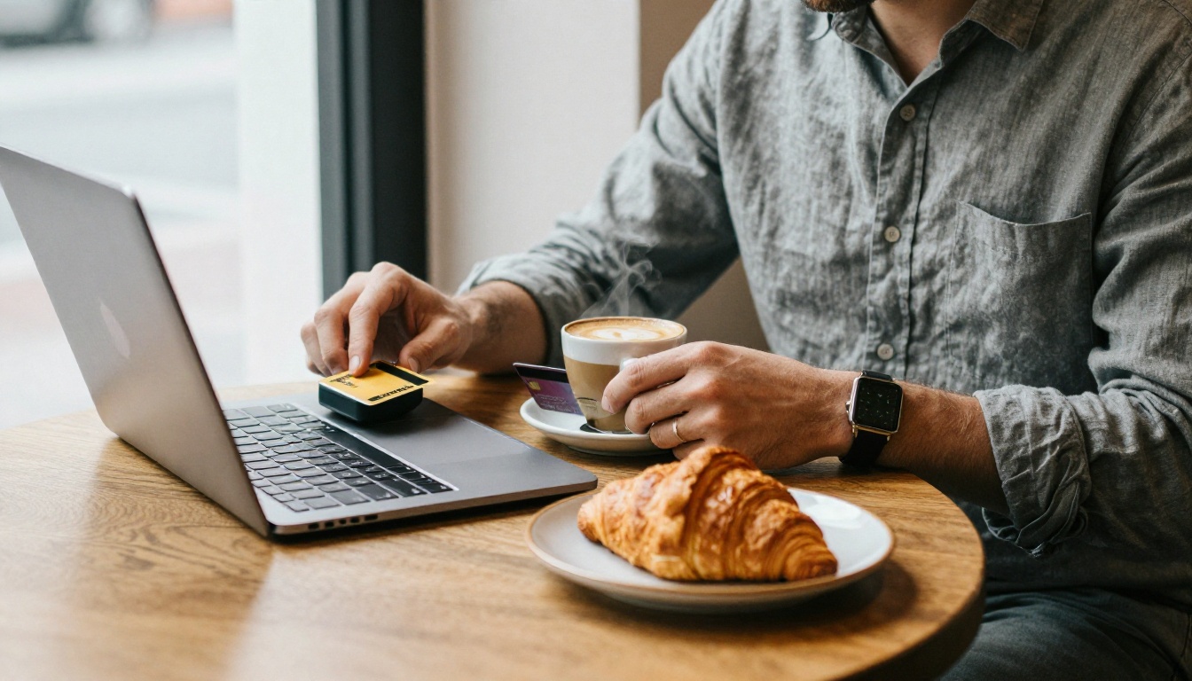A customer paying with a card at a café table next to an open laptop