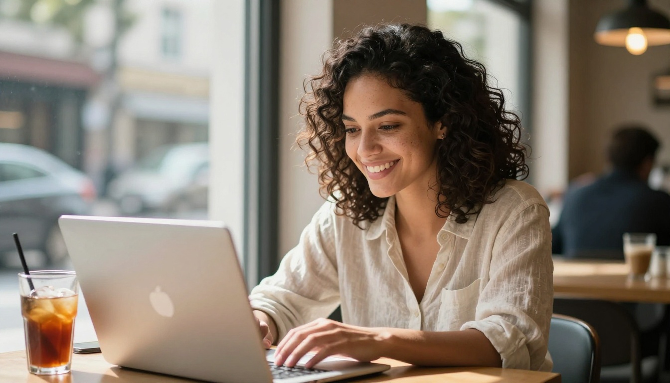 Woman smiling at a laptop in a sunlit cafe with a printed portrait propped beside her