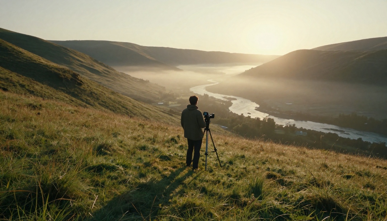 Filmmaker beside a tripod on a misty hillside at sunrise overlooking a valley