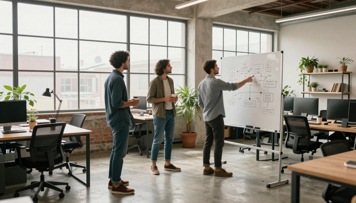 Three colleagues at standing desks in a bright office with a whiteboard