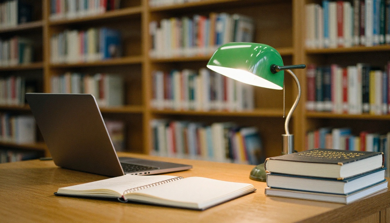 A student at a library desk with a laptop and a paper notebook