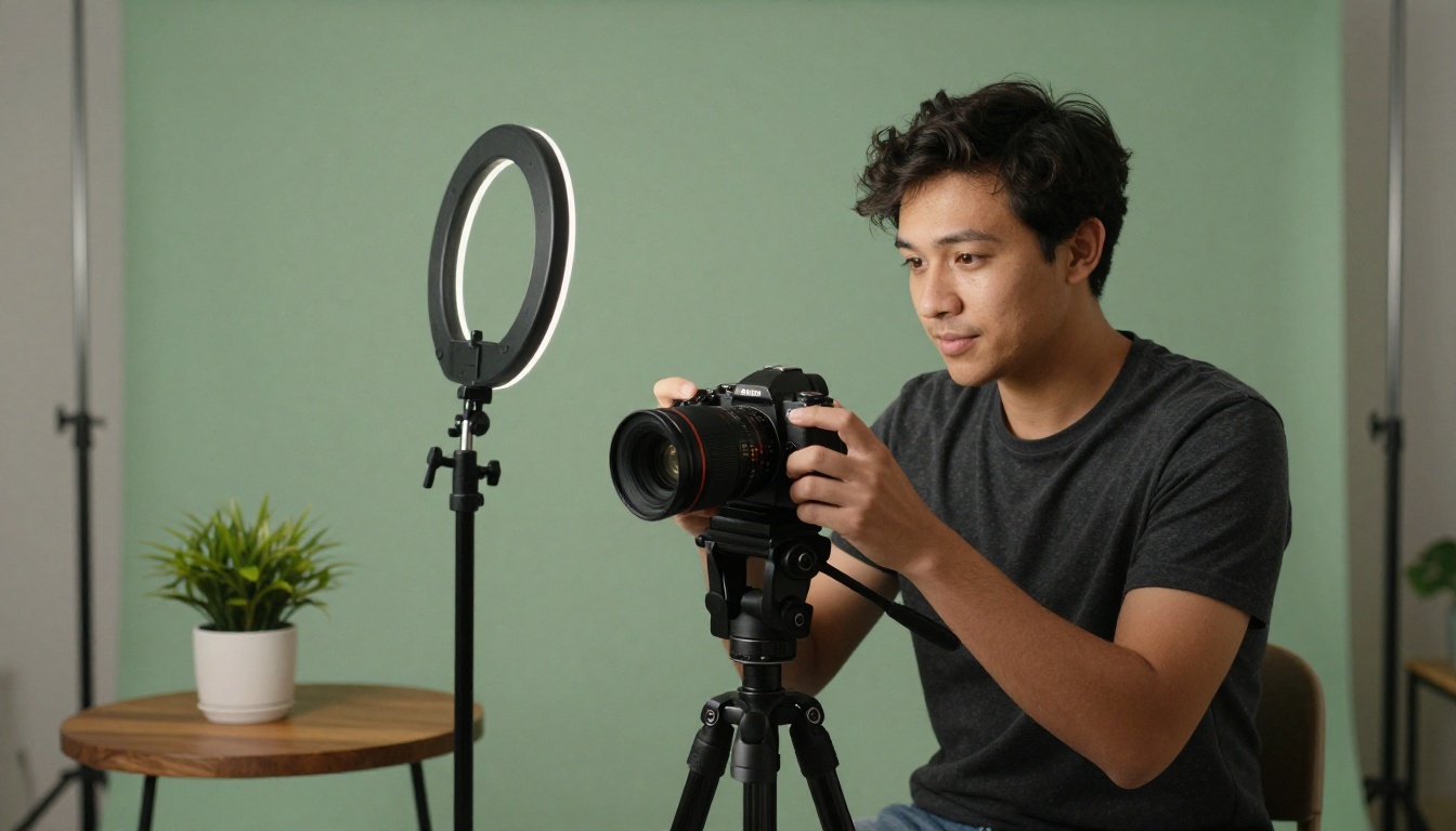 A content creator recording in a home studio with a mirrorless camera and a ring light