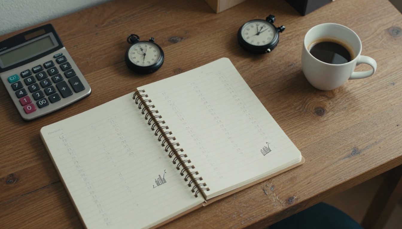 Overhead view of a desk with a notebook of pencil calculations, a silver calculator and a stopwatch