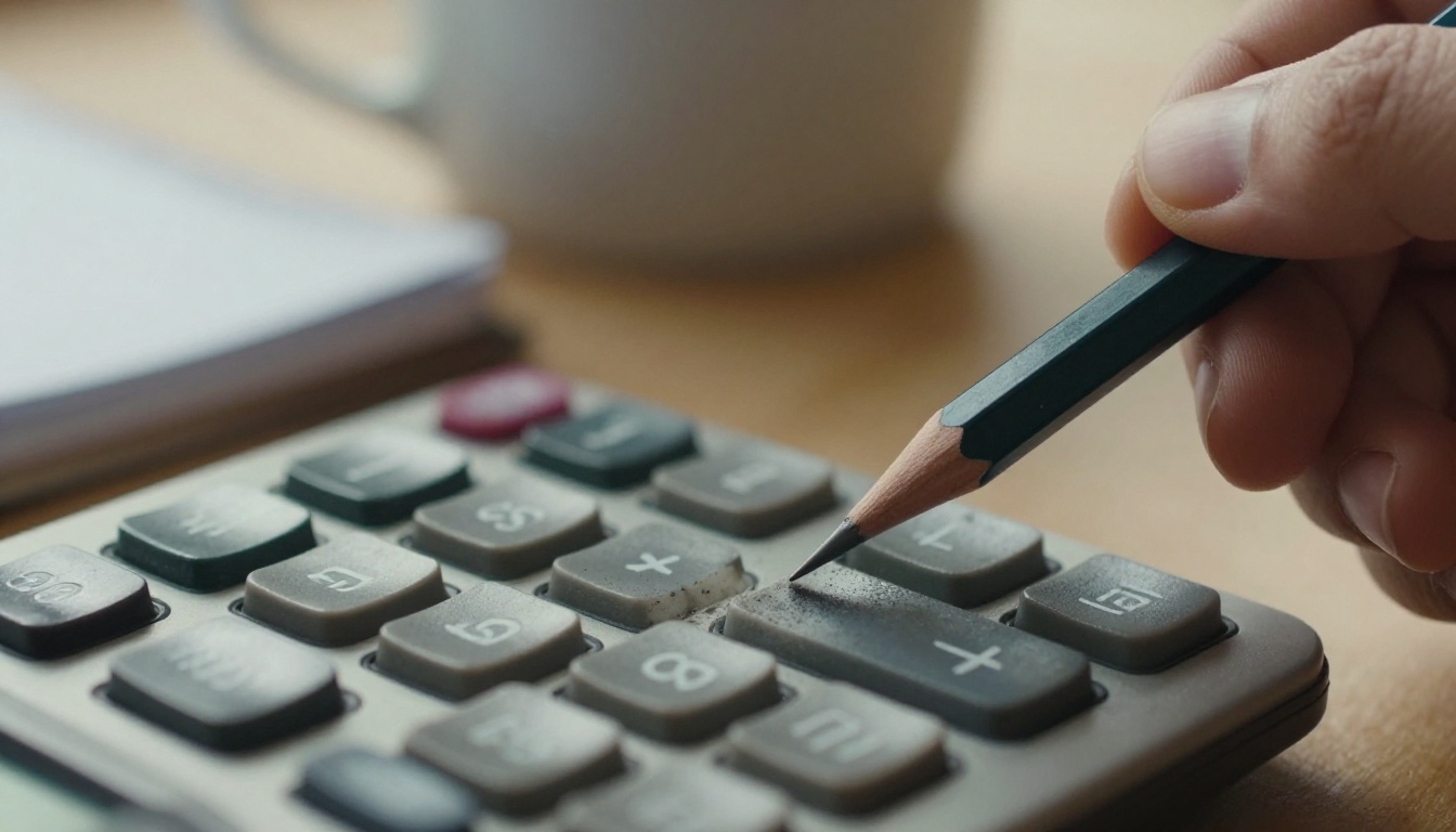 Extreme close-up of a hand holding a pencil above a worn calculator display