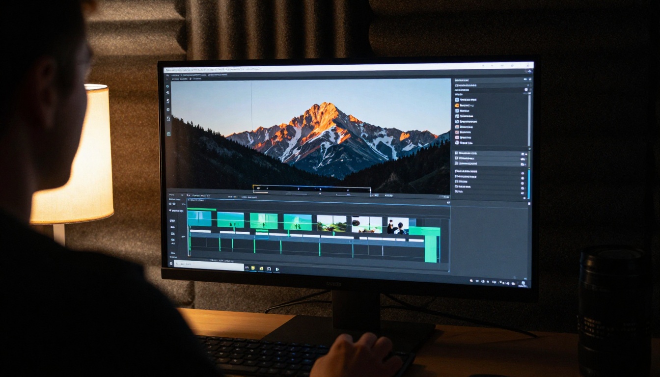 Over-the-shoulder view of a video editor in a dim edit suite looking at a paused timeline