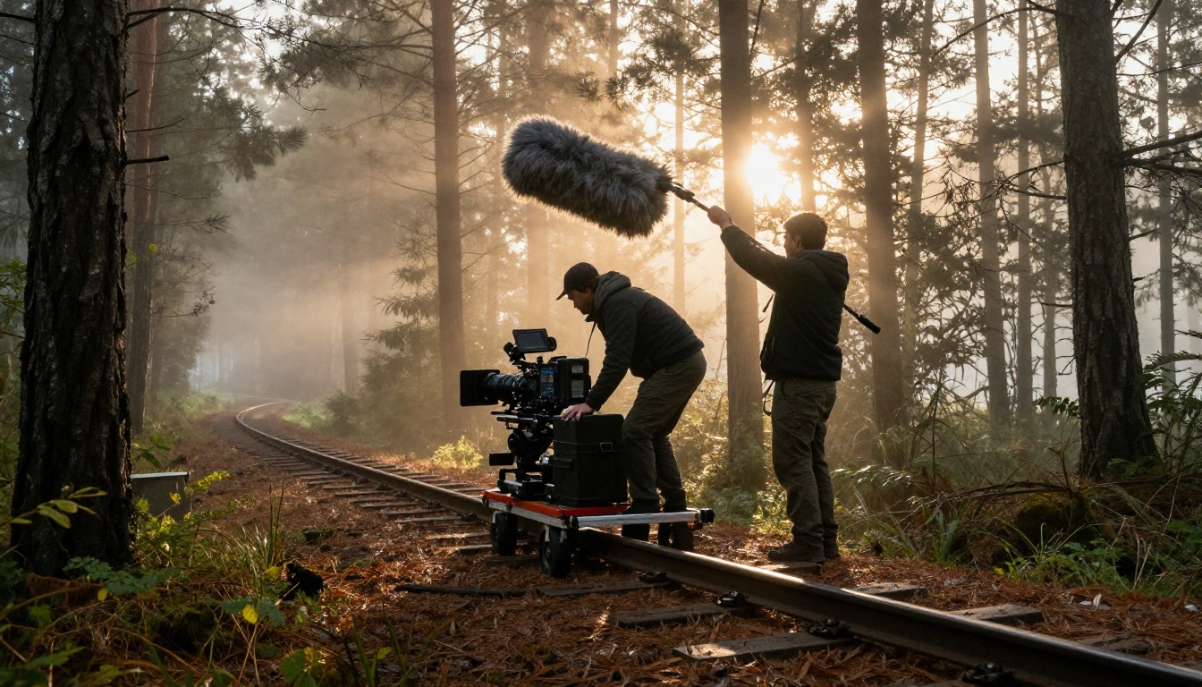 Low-angle view of a small film crew pushing a camera dolly through a misty pine forest at sunrise