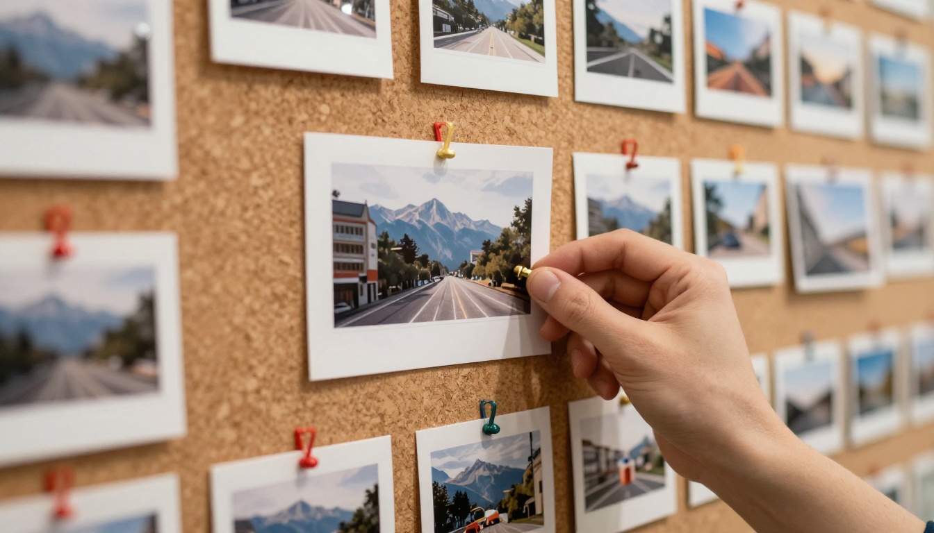 Hand pinning a small printed frame onto a cork wall of rough storyboard thumbnails