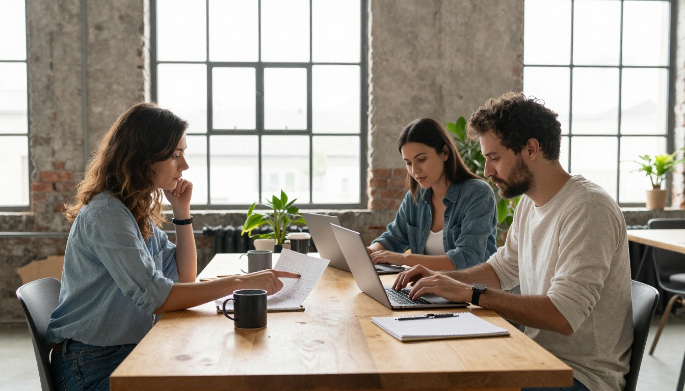 Three colleagues around a birch table reviewing a printed budget sheet in a bright loft