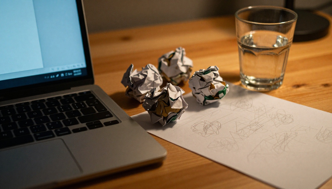 Crumpled paper balls scattered beside a laptop and a glass of water on a home office desk