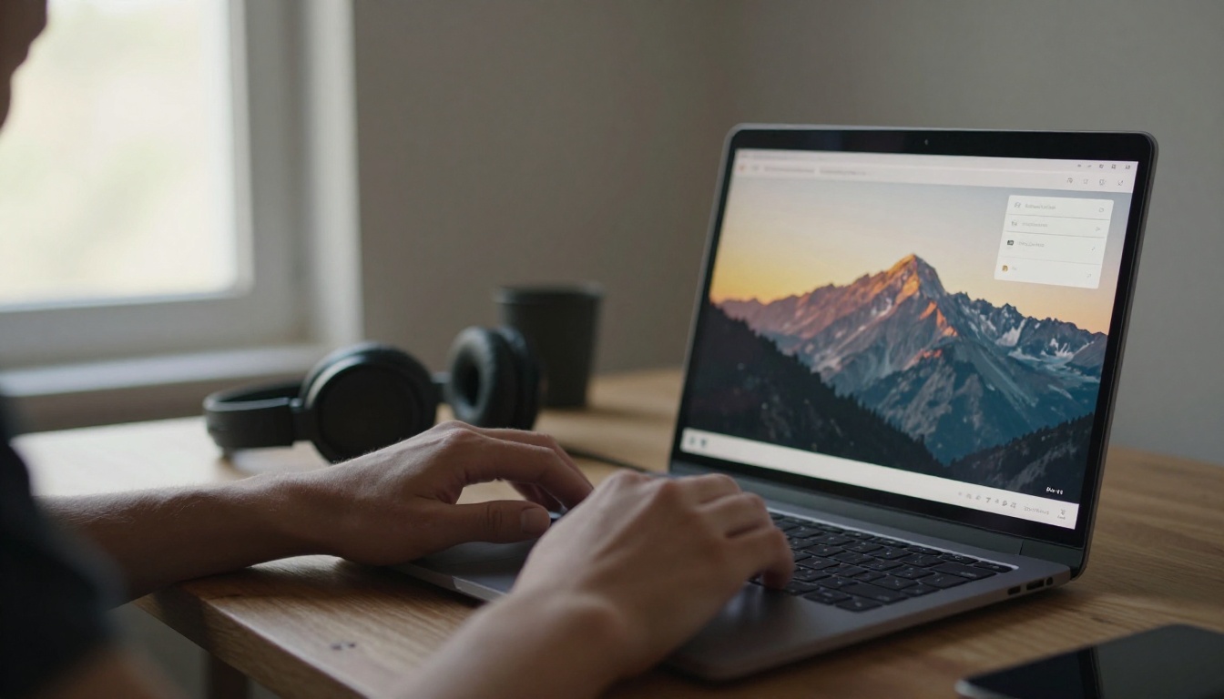 Close-up of a young man's hands typing on a laptop showing a paused mountain sunrise frame