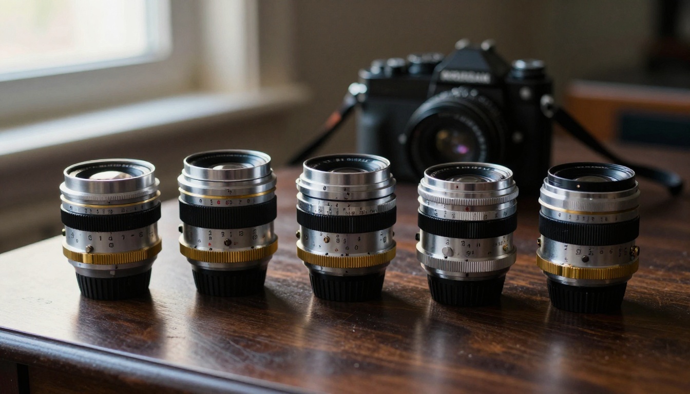 Five vintage cinema prime lenses lined up on a dark walnut table