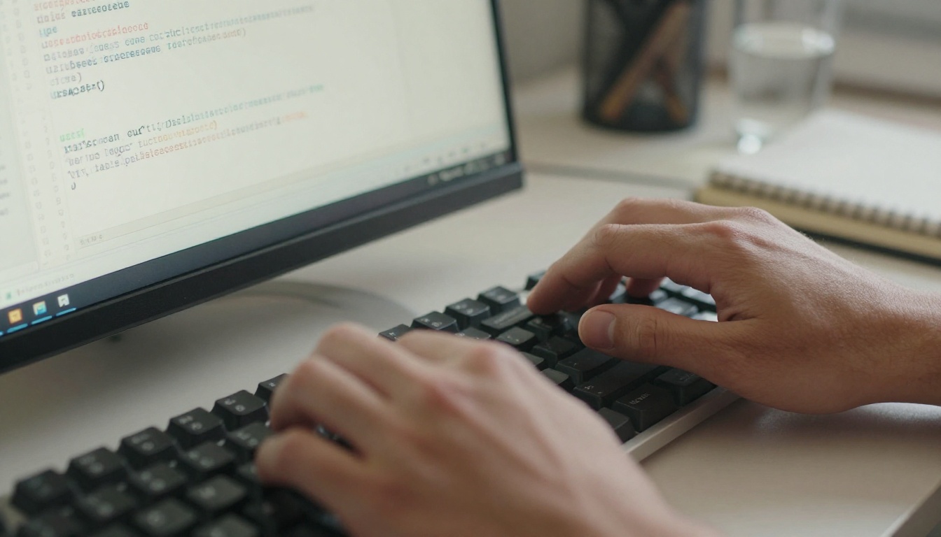 A developer typing a curl command into a terminal beside a notebook