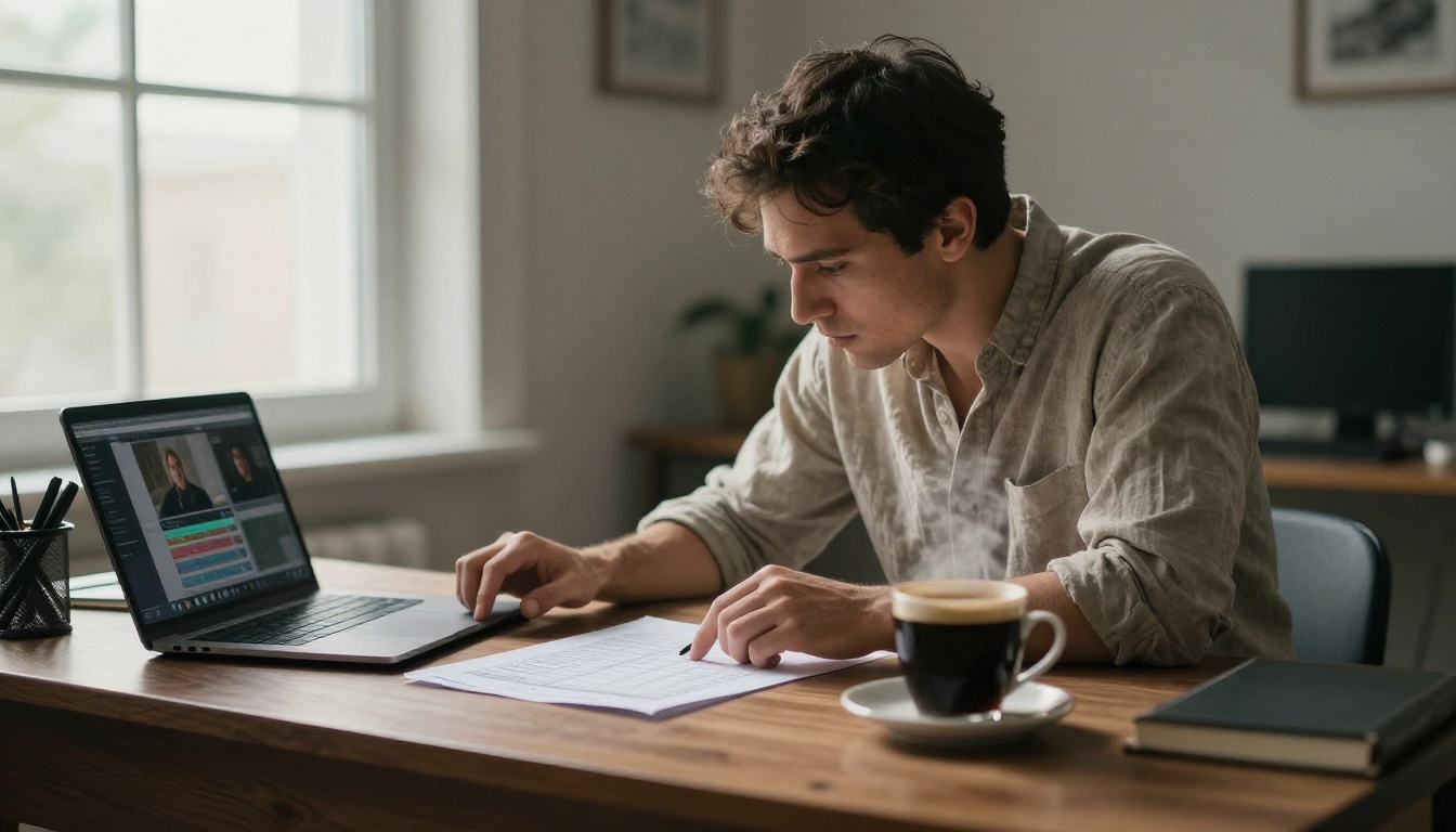 Producer comparing printed Ray 3.2 price numbers beside a laptop