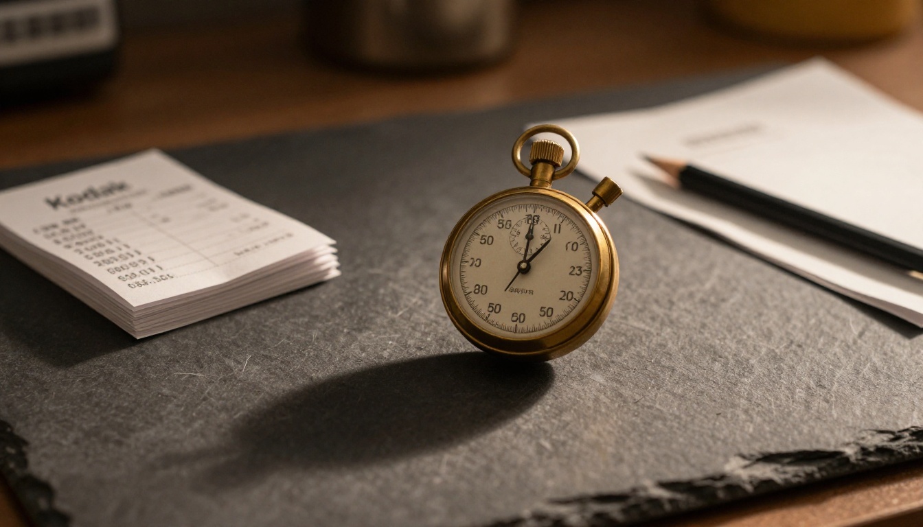 A brass stopwatch and a stack of receipts on a slate counter