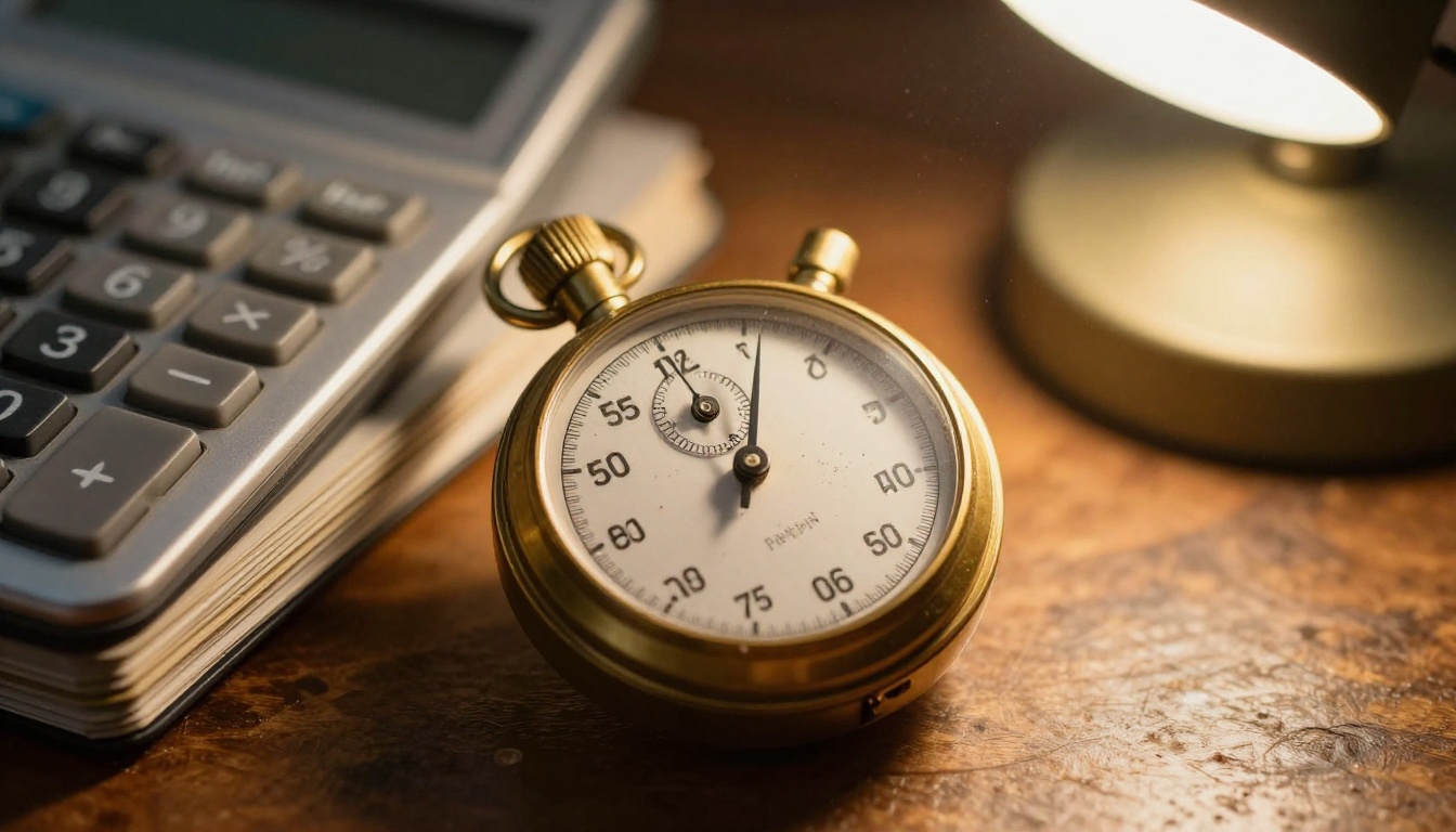 Brass stopwatch on film slates and a calculator