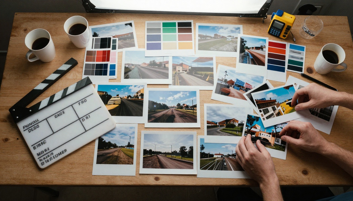 A top-down view of a production table full of film stills and swatches