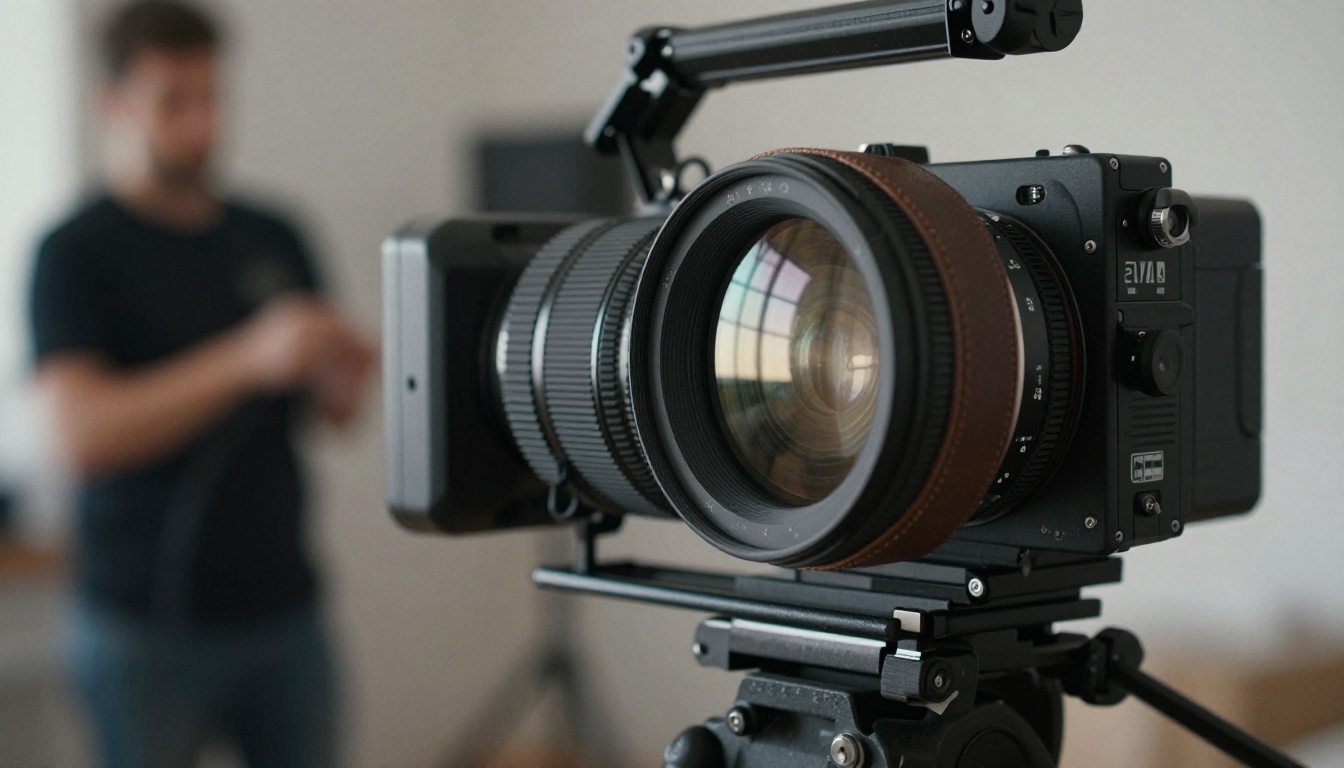 Cinema camera with an anamorphic lens on a soundstage