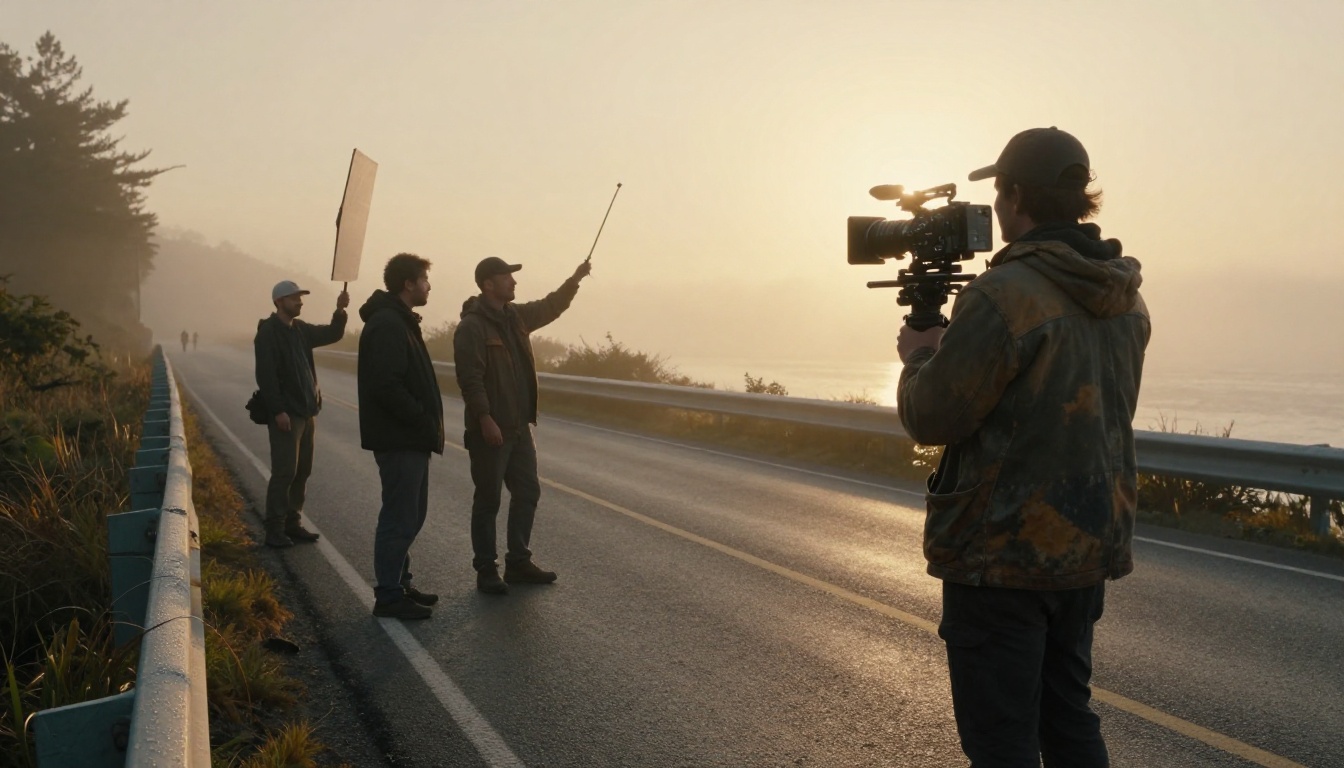 A small film crew shooting on a coastal road at sunrise