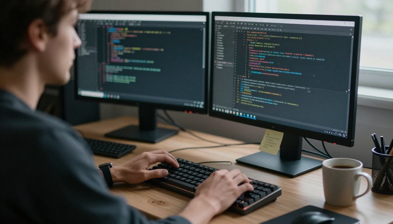 Developer typing at a standing desk with code on two monitors