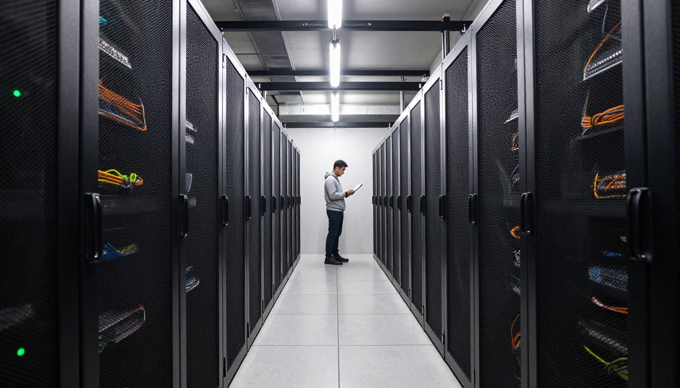 Quiet server room aisle lined with black racks