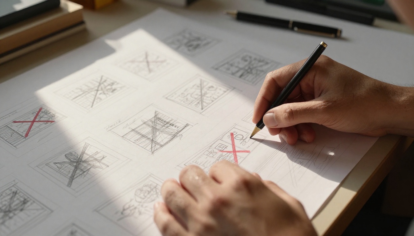 Filmmaker sorting storyboard frames marked with red pen