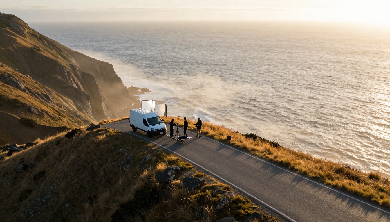 Aerial view of a film crew on a coastal cliff at golden hour