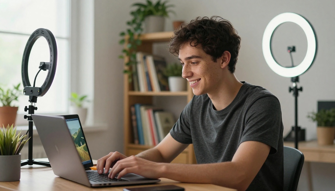 Content creator smiling at a laptop in a bright home studio