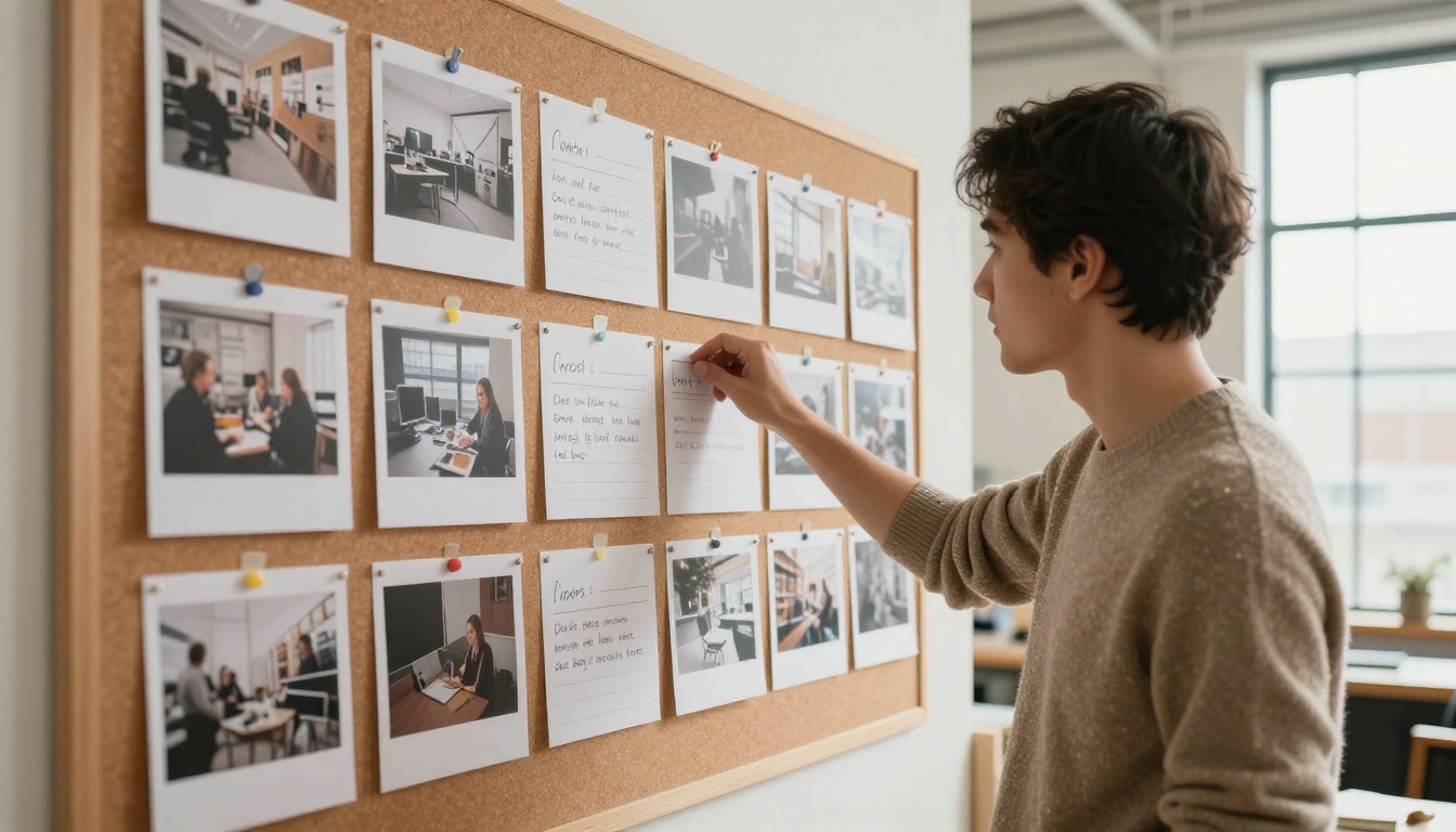 A filmmaker reviewing a storyboard wall of photographs and index cards