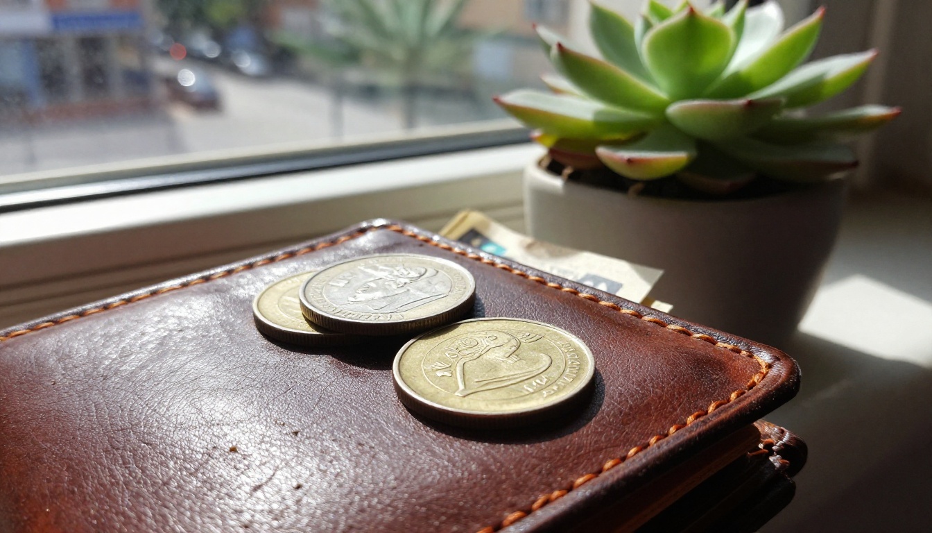 A worn leather wallet and coins on a sunlit windowsill