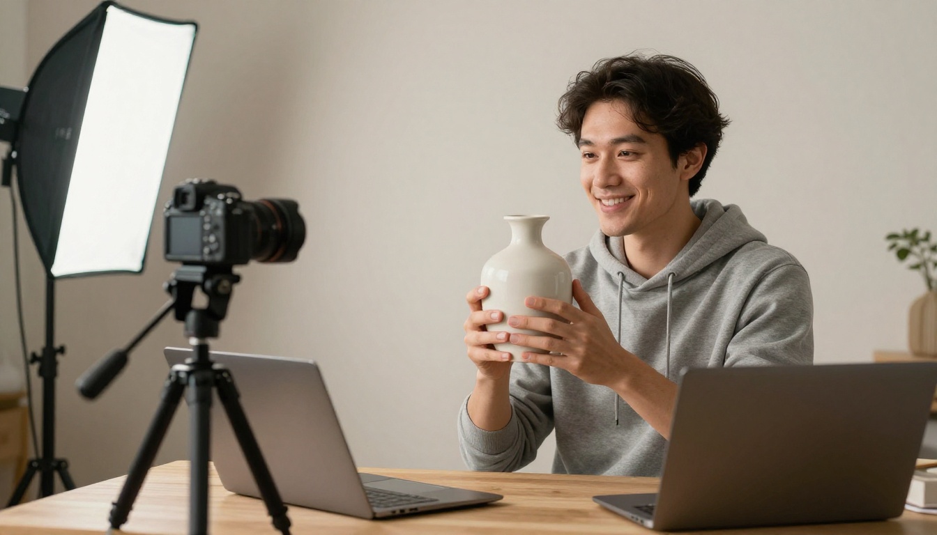 A content creator filming a ceramic vase in a home studio