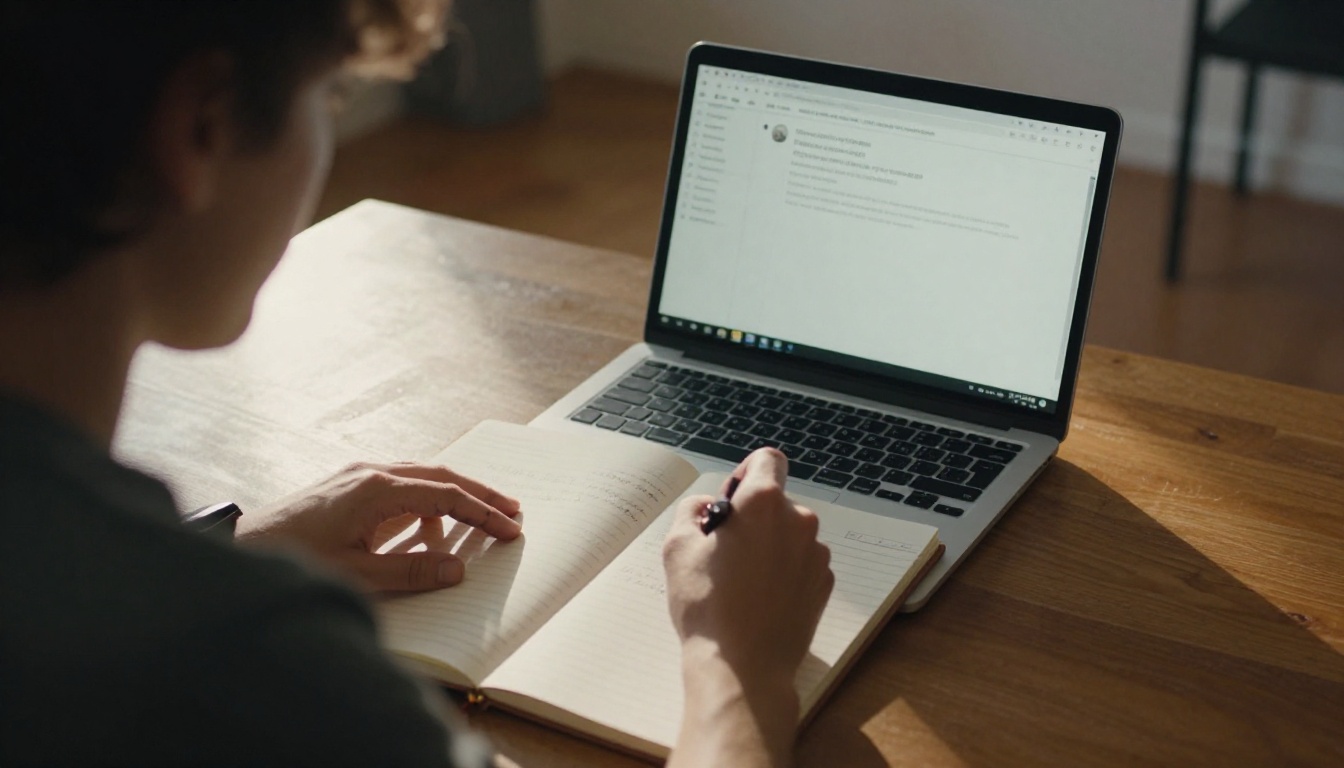 A person writing a scene description in a notebook beside a laptop