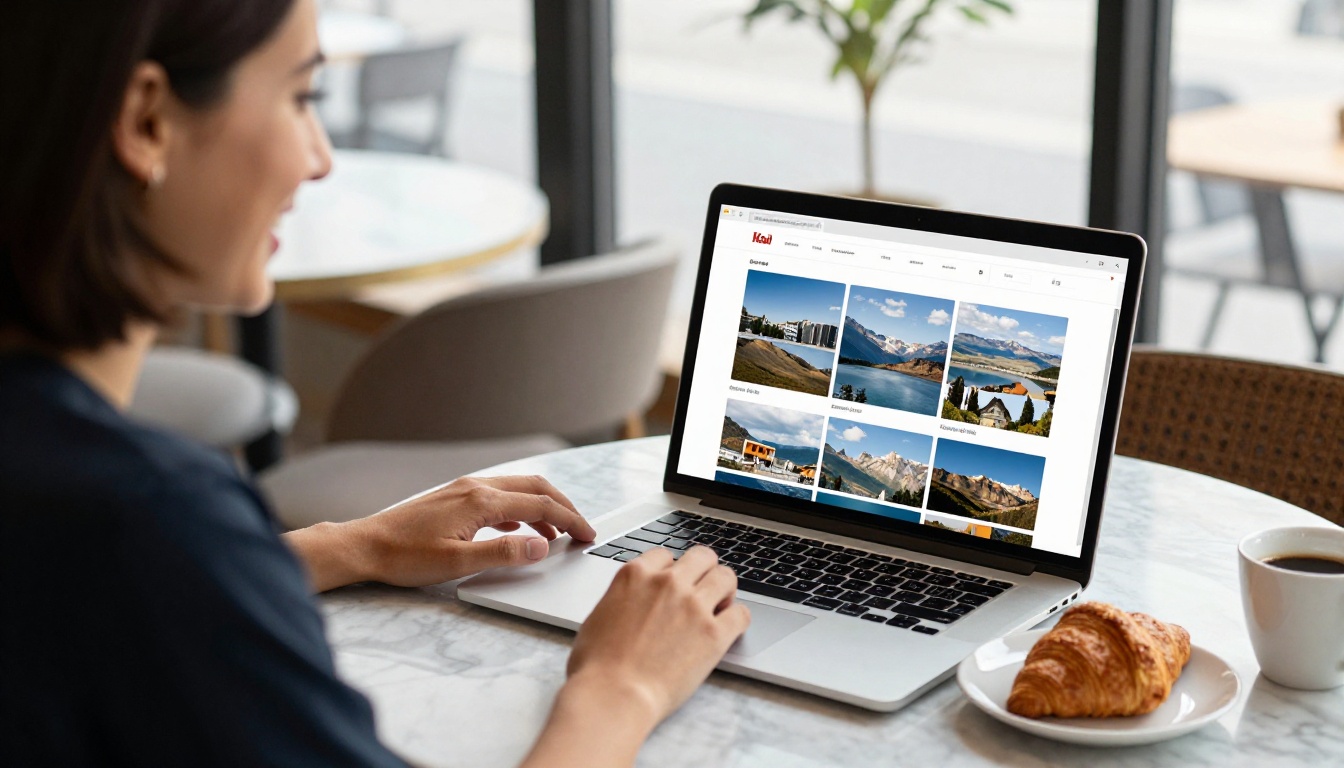 A designer smiling at a laptop showing video thumbnails in a bright cafe
